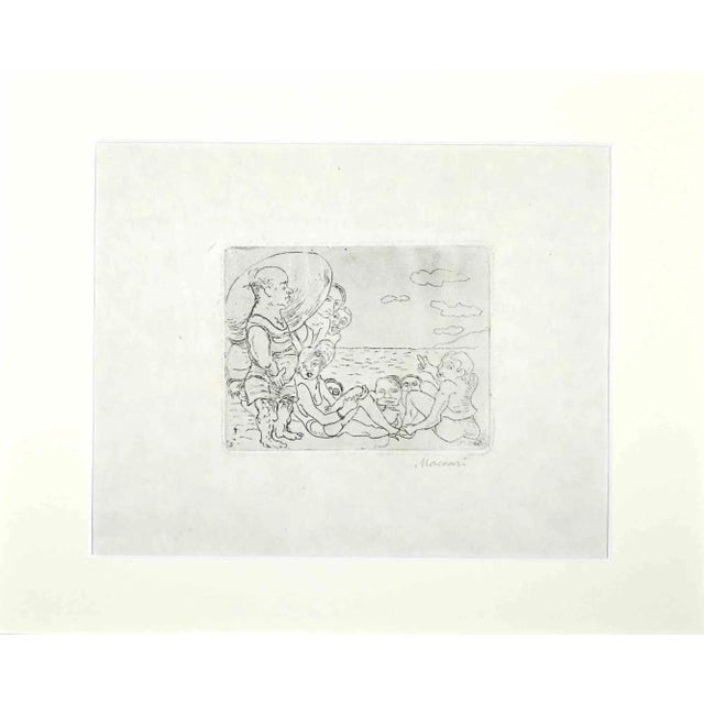 At the sea is an original print realized by Mino Maccari in Mid-20th Century. Beautiful black and white etching on ivory-...