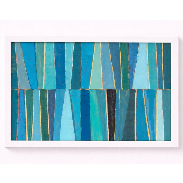 This blue abstract painting is built through layered teal tones and subtle shifts in cool color, creating a calm but...