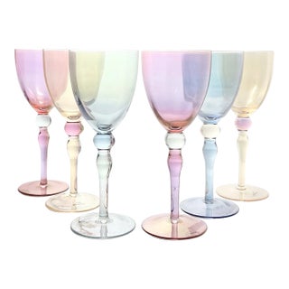 1980s 6 Colorful Pastel Iridescent Wine or Water Glasses For Sale