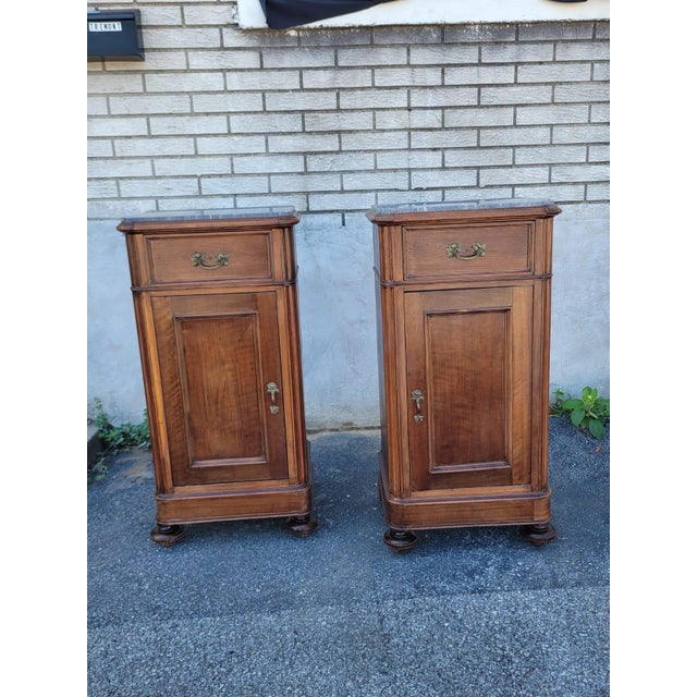 French Pair of 19th Century French Walnut Marble Bedside Cabinets. For Sale - Image 3 of 14