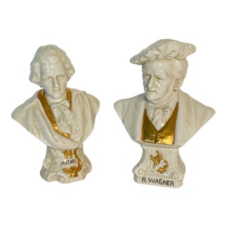 19 Th C Antique Porcelain Busts of Mozart and Wagner Composerrs Busts Music For Sale