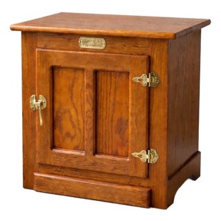 Vintage White Cap “Snooze Island” Oak Icebox-Style Cabinet – Brass Hardware – 22” W For Sale
