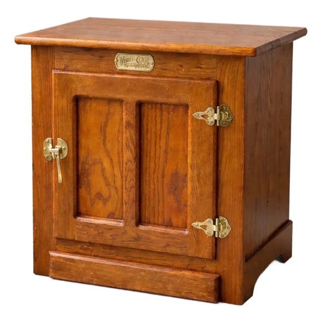 Vintage White Cap “Snooze Island” Oak Icebox-Style Cabinet – Brass Hardware – 22” W For Sale
