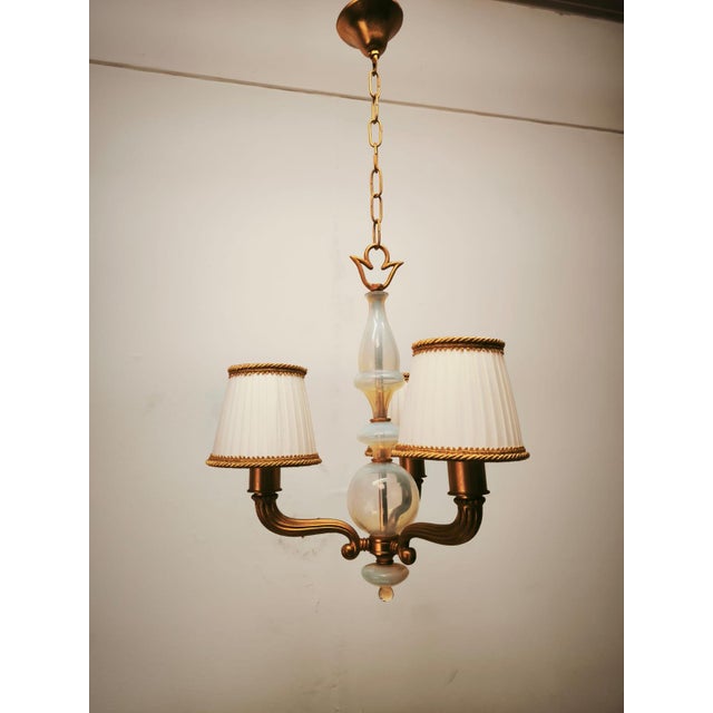 Brass and Murano Chandelier with Silk Lampshades, 1950s For Sale - Image 18 of 18