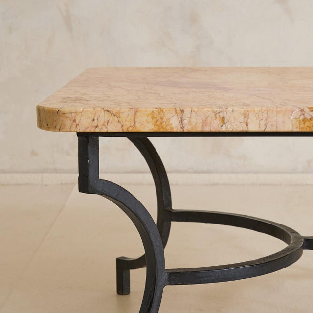 French Hand-Forged Wrought Iron + Ochre Marble Coffee Table, 1950s For Sale - Image 9 of 11