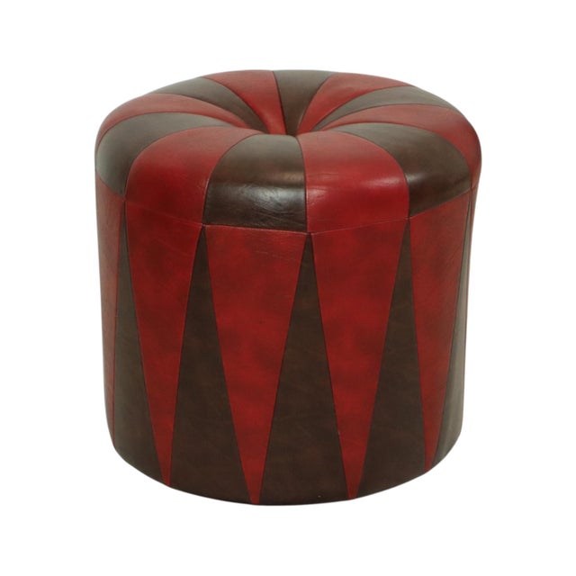 Cool vintage round pouf in patchwork style, made from a wooden base and upholstered in high-quality two-tone dark brown...