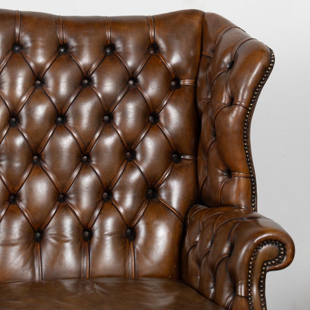 Vintage Brown Leather Chesterfield Wingback Loveseat and Club Chair For Sale - Image 9 of 13