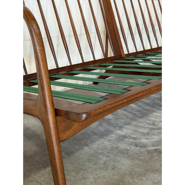 Teak 3-Seater Sofa With Spindle Back and Fabric Cushions Danish Mid-Century Modern 1960s For Sale - Image 10 of 12