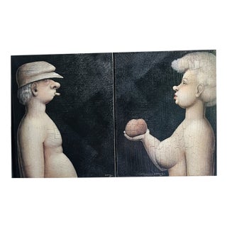 Jeanne Lorioz, Adam and Eve Original Diptych, Oil on Canvas, 2000s, Framed For Sale