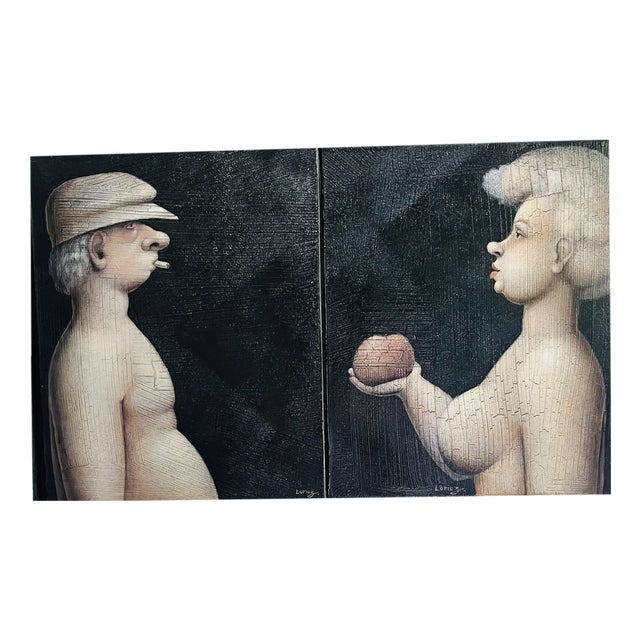 Jeanne Lorioz, Adam and Eve Original Diptych, Oil on Canvas, 2000s, Framed For Sale