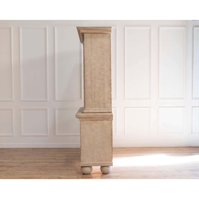 Gustavian (Swedish) Tall Swedish cabinet in soft grey, two-piece, early‑mid 19th century For Sale - Image 3 of 11