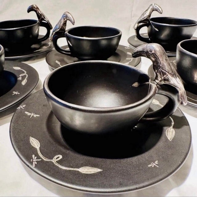 Emilia Castillo Vintage 1990s Emilia Castillo Mexican Silver Ceramic Toucan Cups Saucers Sets - Set of 6 For Sale - Image 4 of 10