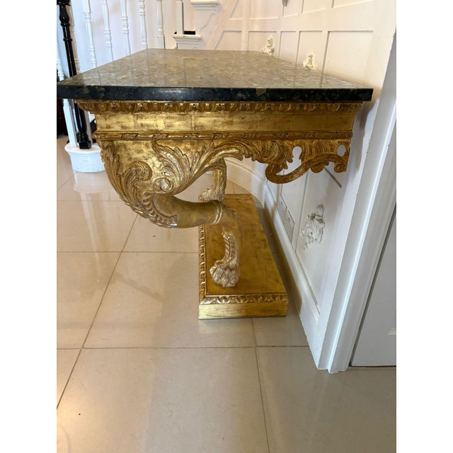 Antique Baroque Revival Italian Giltwood Console Tables with Breccia Marble Tops and Lion's Paw Supports, 1850s, Set of 2 For Sale - Image 13 of 15