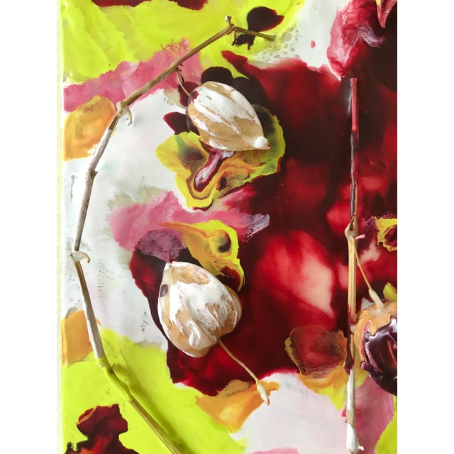 Red "Chinese Lanterns" Contemporary Abstract Botanical Mixed-Media Painting For Sale - Image 8 of 9