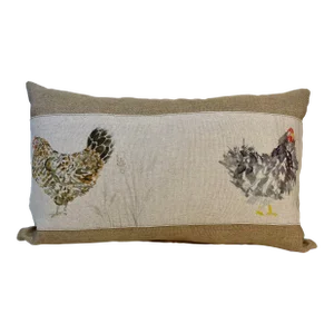 Large Bolster Pillow Decorated With a Pair of Chickens - Made in U K