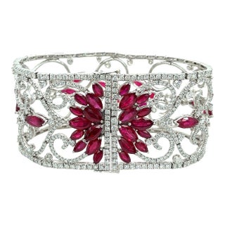 1990s Art Deco 35 Carat Ruby & 11 Carat Diamond Filigree Floral Motif Bracelet in 18K For Sale