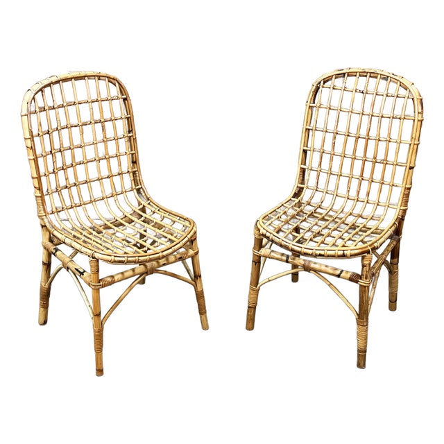 Vintage Italian Rattan & Bamboo Coastal Grid-Back Chairs in the Manner of Tito Agnoli - A Pair For Sale