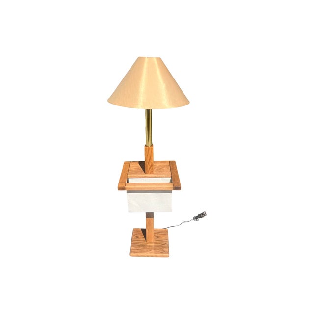 Yellow Vintage Mid Century Postmodern 1970s Solid Oak Brass Magazine Table Floor Lamp 1980s Restored For Sale - Image 8 of 12