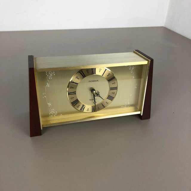 Contemporary Vintage Modernist Wooden Teak Brass Table Clock from Dugena, Germany, 1960s For Sale - Image 3 of 16