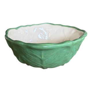 Vintage 1980s Green Ceramic Cabbage Lettuceware Footed Serving Bowl For Sale