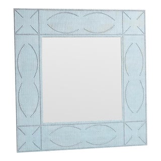 Late 20th Century Palm Beach Regency Light Blue Whicker Silver Studded Monumental Wall Mirror- Newly Painted For Sale