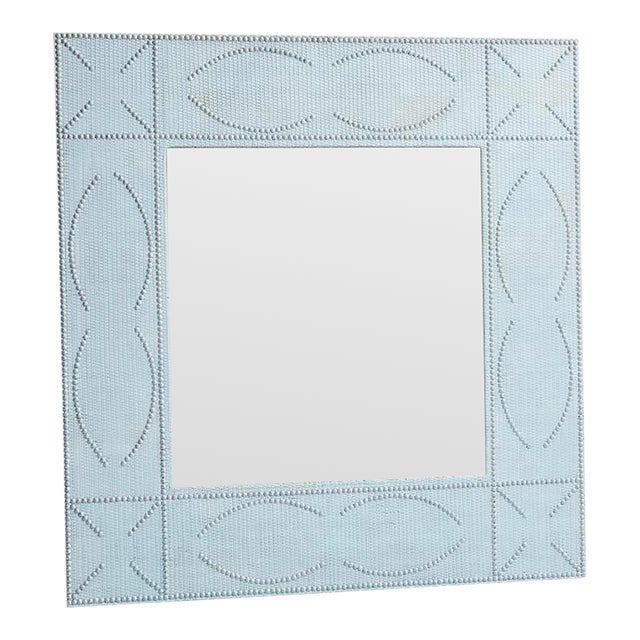 Late 20th Century Palm Beach Regency Light Blue Whicker Silver Studded Monumental Wall Mirror- Newly Painted For Sale