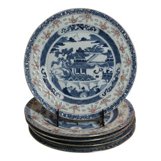 Antique Canton Style Plates W/Iron Red Accents Set of 5 For Sale