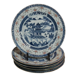 Antique Canton Style Plates W/Iron Red Accents Set of 5