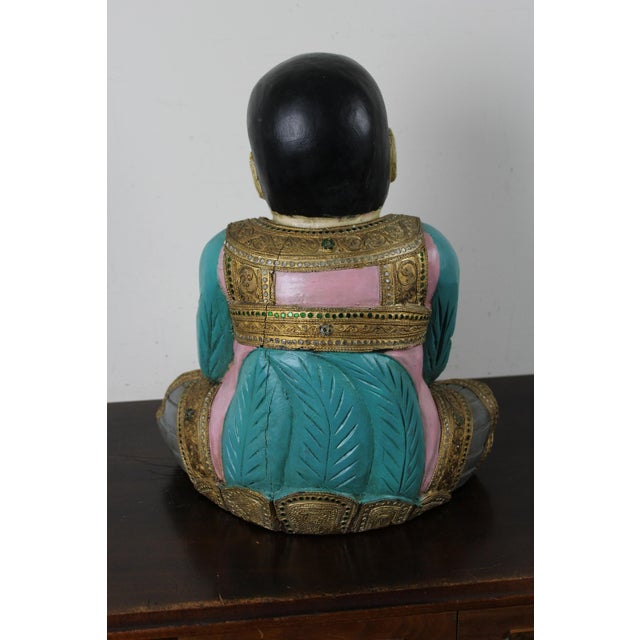 Wood Mid 20th Century Wood Carved Seated Asian Baby Jeweled Lacquered Sculpture, Thailand For Sale - Image 7 of 11
