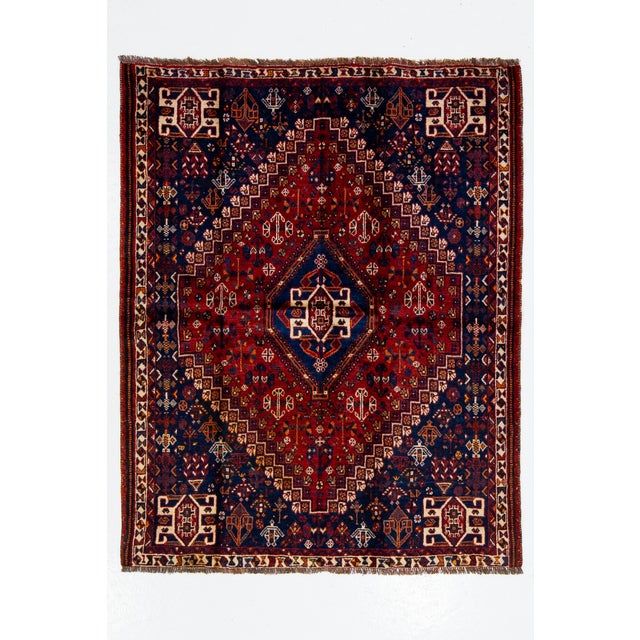 4 X 5 Blue and Red Designed Shiraz Vintage Persian Wool Rug For Sale - Image 10 of 10