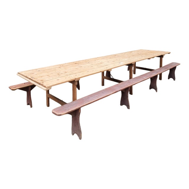 Antique French Folding Dining Table with Benches in Pine and Chestnut, 1890s, Set of 3 For Sale