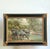 This vintage oil painting captures a serene wildlife tableau of zebras gathered at a watering hole, rendered with...