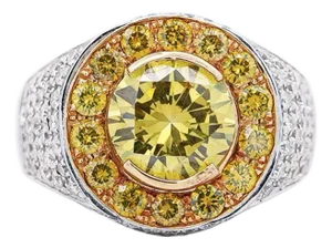 4.44 Carat Round Cut Yellow Diamond 18k Gold Halo Mens Ring, Size 9.5