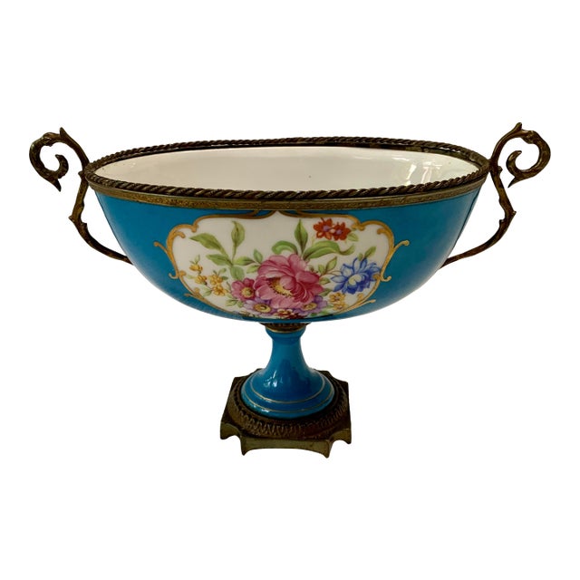 Antique French Sèvres-Style Turquoise Porcelain Compote With Gilt Bronze Mounts For Sale