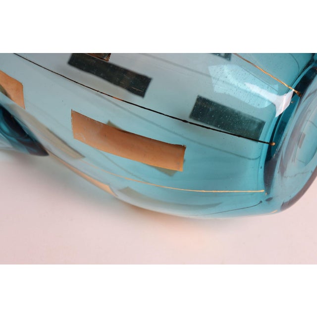 Vintage Hungarian Hand Blown Blue Crystal Glass Pitcher With Gold Leaf Accents For Sale - Image 10 of 15