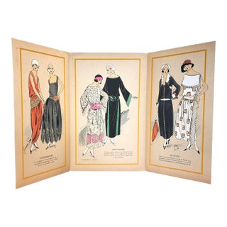 1922 Rare ARTIFACT-French Art Deco Tri-Fold Set of Couture Fashion Pochoirs For Sale