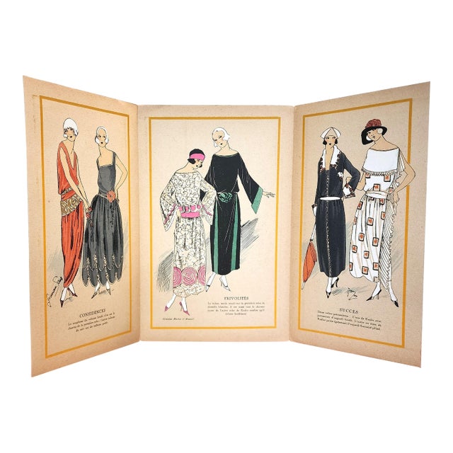 1922 Rare ARTIFACT-French Art Deco Tri-Fold Set of Couture Fashion Pochoirs For Sale
