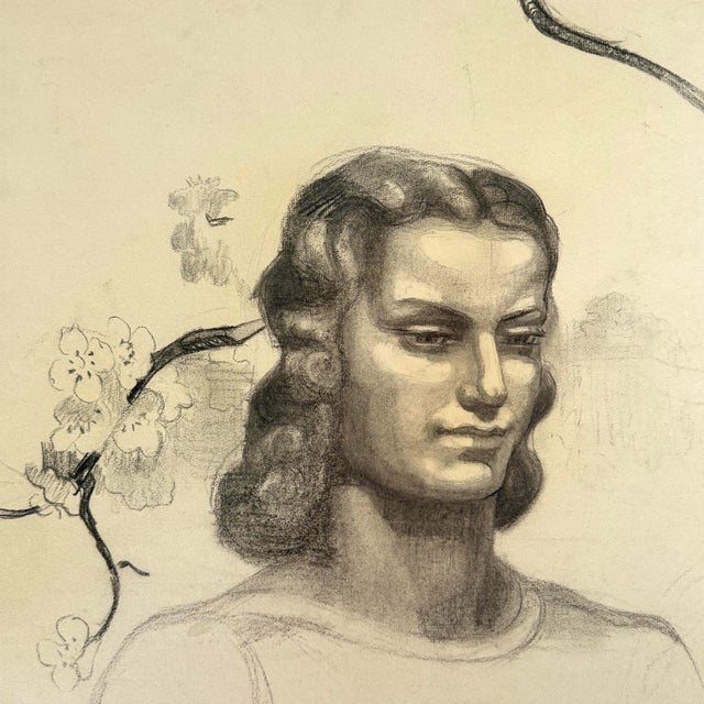 An Art Nouveau atelier study of a woman framed by a cherry blossom branch, executed in charcoal on woven cream paper. The...
