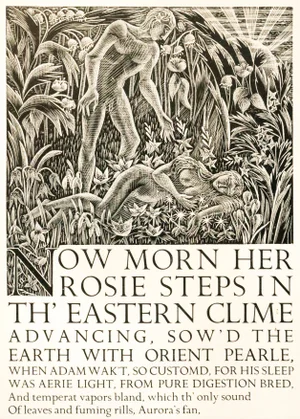 1920s American Print, "Now Morn Her Rosie Steps..." Monochrome Illustration of Adam and Eve (Matted)