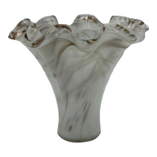 Vintage MCM Murano Style White and Gold Art Glass Large Vase For Sale