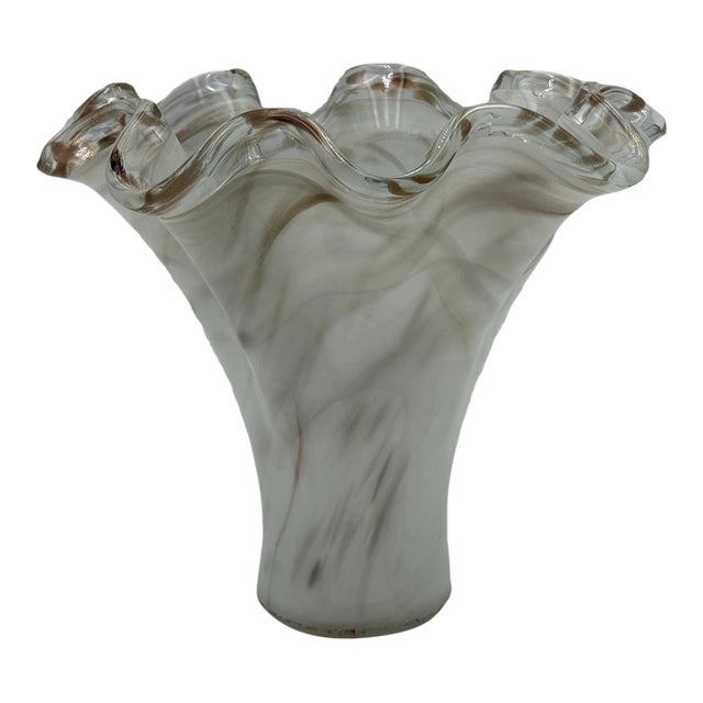 Vintage MCM Murano Style White and Gold Art Glass Large Vase For Sale