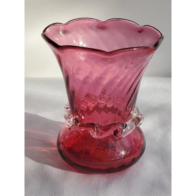 Pattern: Swirl Color: Cranberry w/ Crystal Collar Manufacturer: Pilgrim Date Produced: 1980s Shape: Ruffle Edge Bud Vase...