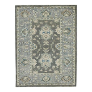 Early 21st Century Gray Floral Design Handwoven Wool Turkish Oushak Rug 3'11" X 5'9" For Sale