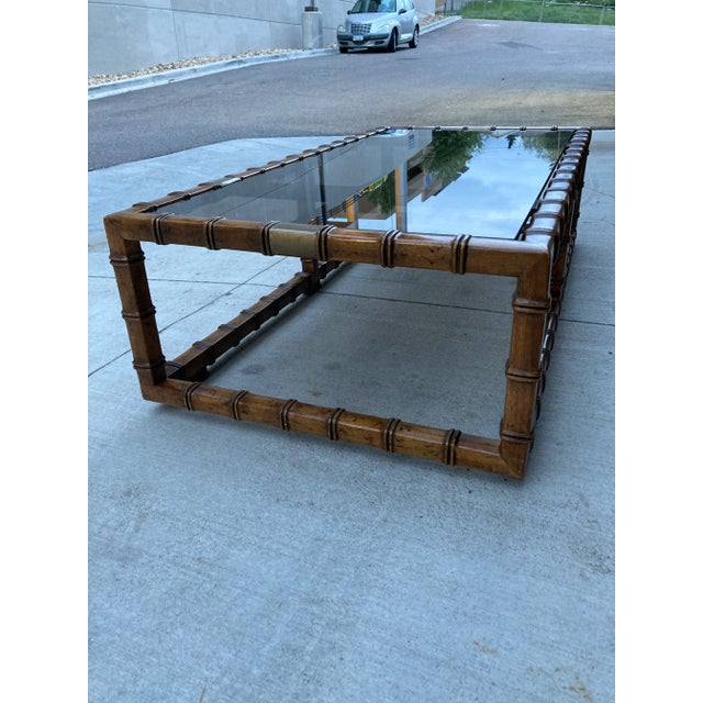 Mid 20th Century Drexel Faux Bamboo Brass & Smoked Glass In-Set Coffee Table For Sale - Image 5 of 13