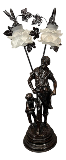 Vintage French Figural Double Light with Frosted Glass Shades