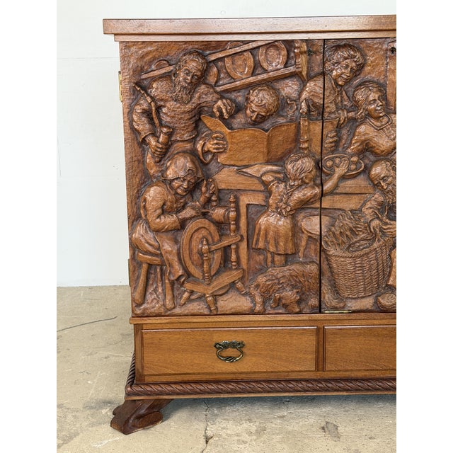 Brown Hand-Carved Oak Storybook Cabinet by Emil Hansen, Denmark C 1950 For Sale - Image 8 of 18