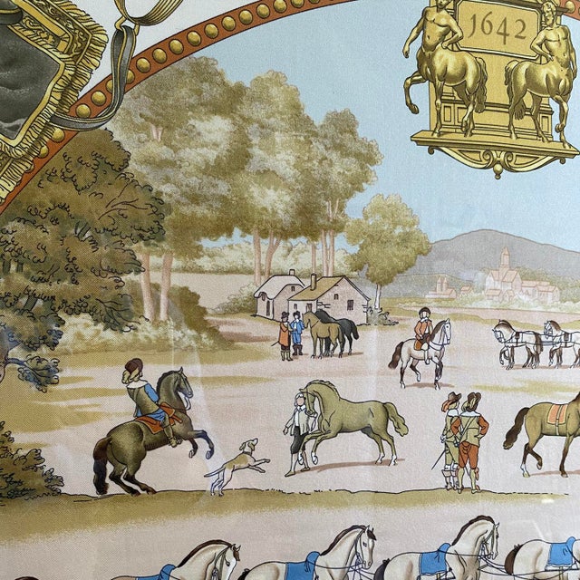 1970s Authentic Framed Hermès Silk Scarf Présentation De Chevaux Created by Philippe Ledoux in 1970 – Large 36.5” Luxury Wall Art Framed For Sale - Image 5 of 5