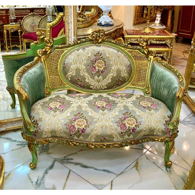 French Luxury French Louis XV Loveseat With Sage Green Velvet, Floral Damask & Hand-Gilded Cherub Frame For Sale - Image 3 of 4