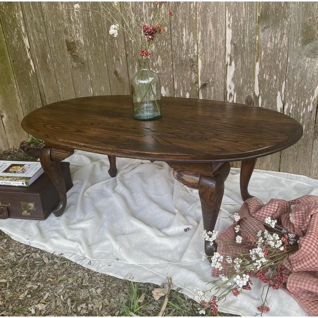 Late 20th Century Broyhill Furniture Solid Oak Rustic French Country Accent Oval Coffee Table ...