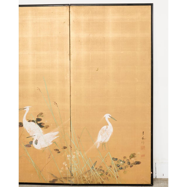 Mid 20th Century Japanese Showa Two Panel Screen Egrets in Grass For Sale - Image 4 of 18